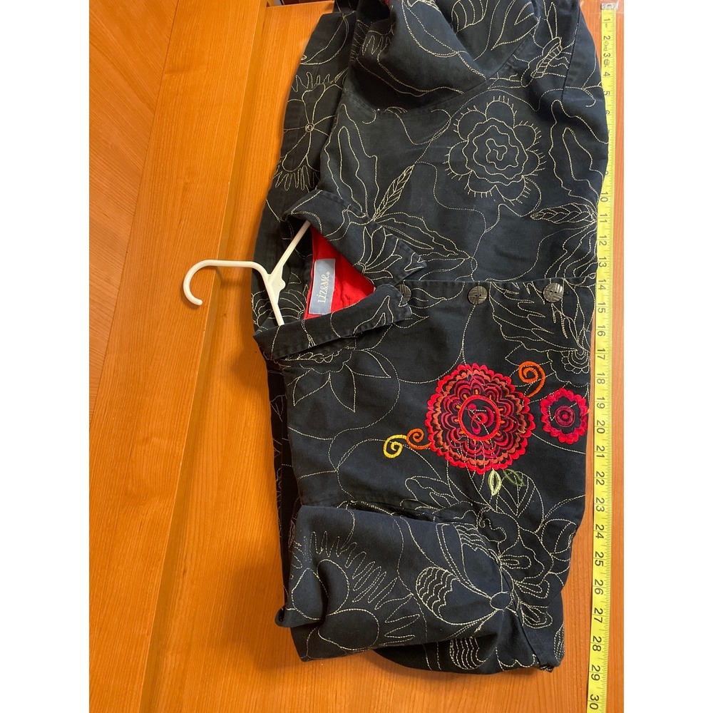 Liz & Me Women Jacket Embroidered Floral Button Up Large Black - Picture 6 of 9